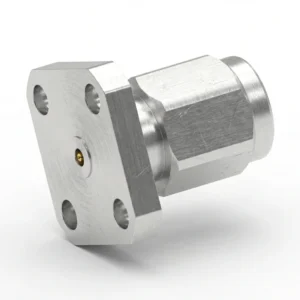 1.0mm Male 4-Hole Flange Mount RF Connector – Field Replaceable, 6.35mm Hole Spacing, 0.23mm Pin Diameter