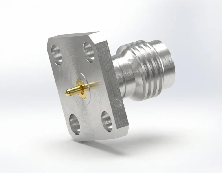 1.85mm Female 4-Hole Flange Mount RF Connector – Field Replaceable, 8.64mm Hole Spacing, 0.30mm Pin Diameter