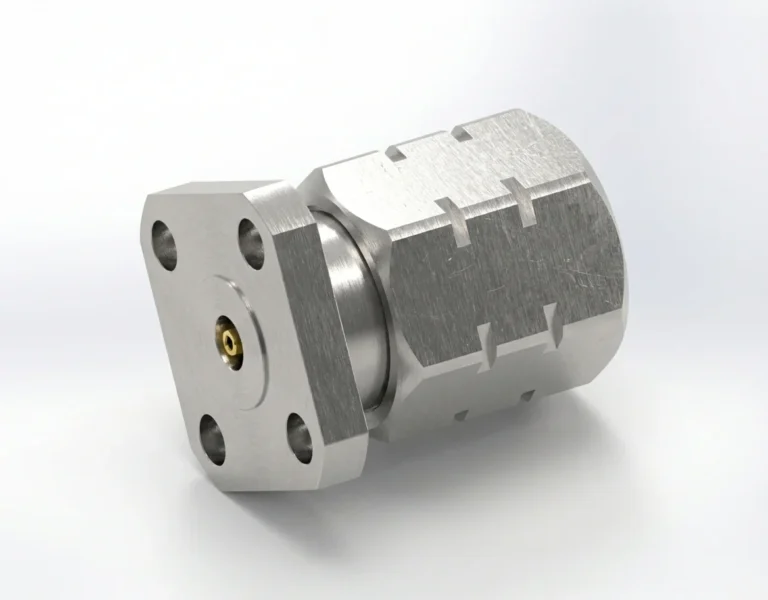 1.85mm Male 4-Hole Flange Mount RF Connector – Field Replaceable, 6.35mm Hole Spacing, 0.30mm Pin Diameter