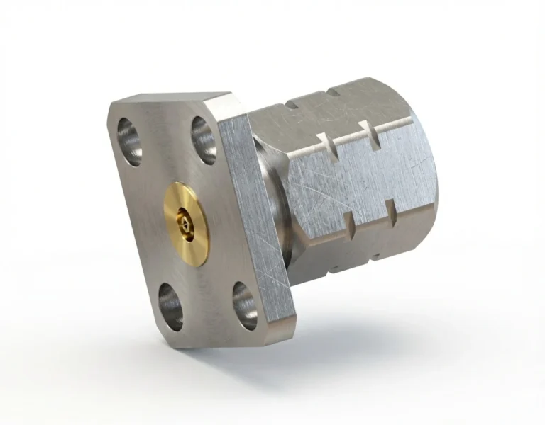 1.85mm Male 4-Hole Flange Mount RF Connector – Field Replaceable, 8.64mm Hole Spacing, 0.23mm Pin Diameter