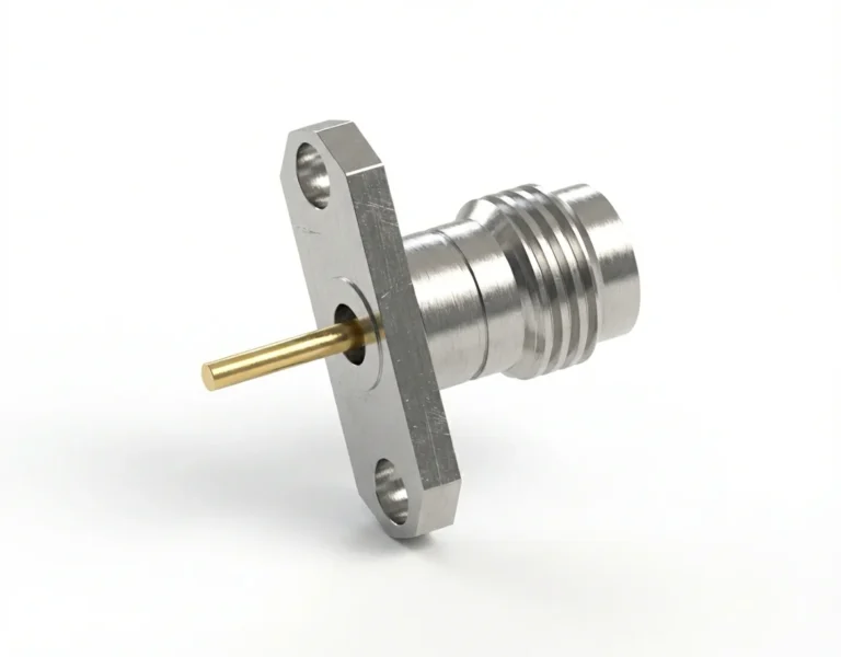 2.4mm Female 2-Hole Flange Mount RF Connector – Solder Attachment, 12.22 Hole Spacing, 1.04mm Pin Diameter