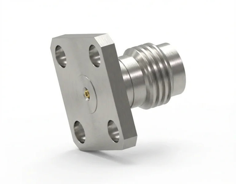 2.4mm Female 4-Hole Flange Mount RF Connector – Field Replaceable, 8.64mm Hole Spacing, 0.3mm Pin Diameter
