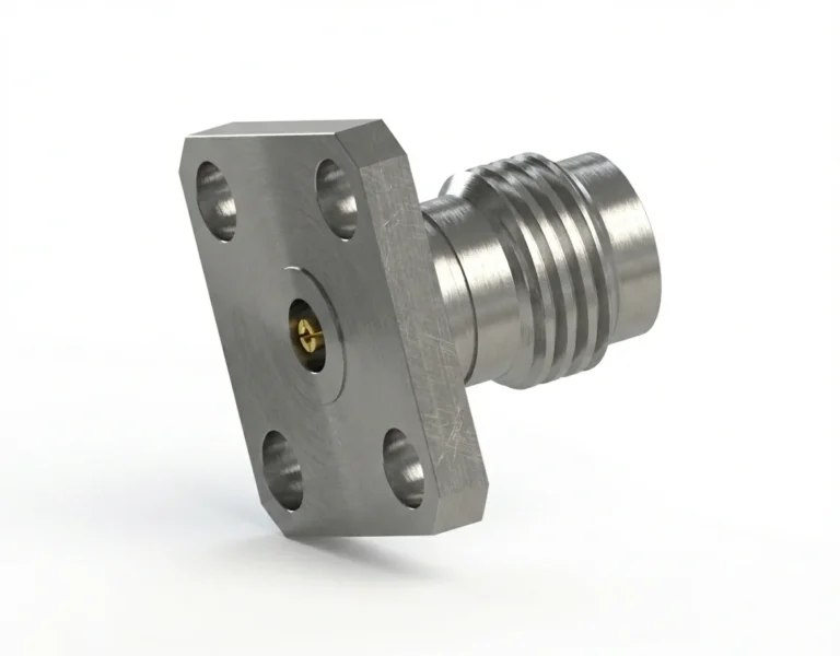 2.4mm Female 4-Hole Flange Mount RF Connector – Field Replaceable, 8.64mm Hole Spacing, 0.46mm Pin Diameter