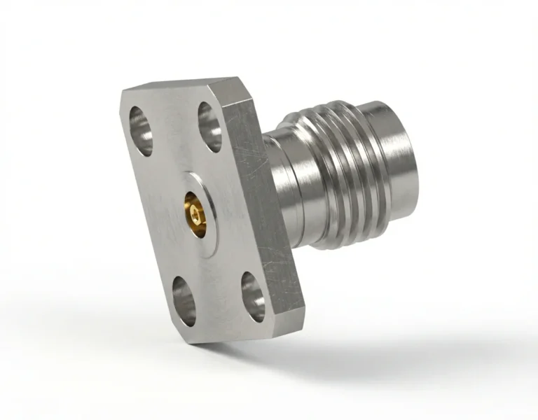 2.4mm Female 4-Hole Flange Mount RF Connector – Field Replaceable, 8.64mm Hole Spacing, 0.51mm Pin Diameter