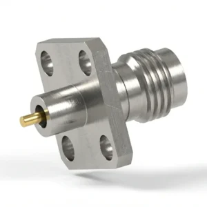 2.4mm Female 4-Hole Flange Mount RF Connector – Solder Attachment, 8.64mm Hole Spacing, 0.23mm Pin Diameter
