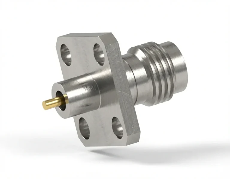 2.4mm Female 4-Hole Flange Mount RF Connector – Solder Attachment, 8.64mm Hole Spacing, 0.23mm Pin Diameter