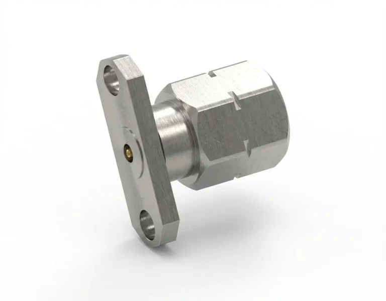 2.4mm Male 2-Hole Flange Mount RF Connector – Field Replaceable, 12.22mm Hole Spacing, 0.38mm Pin Diameter