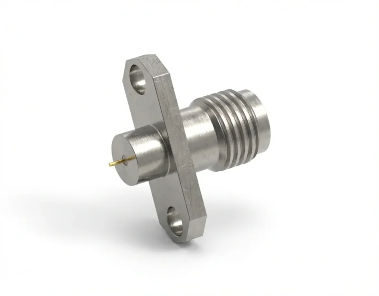 2.92mm Female 2-Hole Flange Mount RF Connector – Solder Attachment, 12.2mm Hole Spacing, 0.3mm Pin Diameter, Stub Terminal