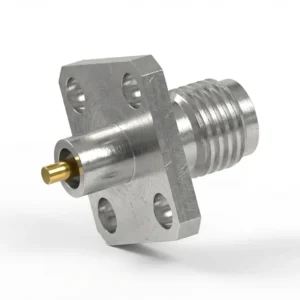 2.92mm Female 4-Hole Flange Mount RF Connector – Solder Attachment, 8.64mm Hole Spacing, 1.27mm Pin Diameter, Stub Terminal