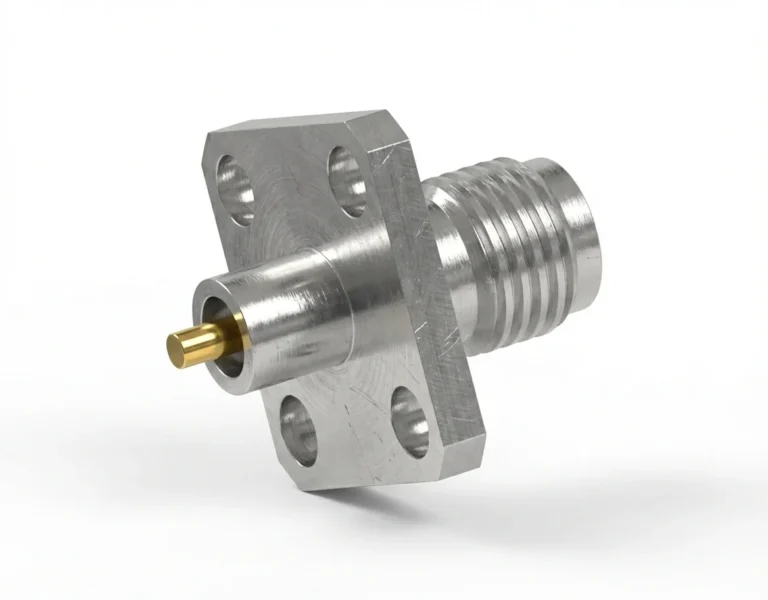 2.92mm Female 4-Hole Flange Mount RF Connector – Solder Attachment, 8.64mm Hole Spacing, 1.27mm Pin Diameter, Stub Terminal