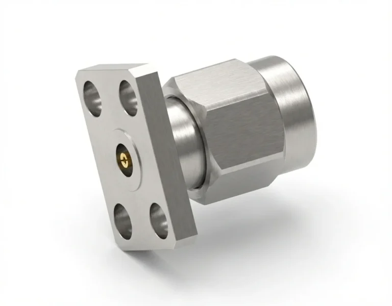 2.92mm Male 4-Hole Flange Mount RF Connector – Field Replaceable, 5.64mm Hole Spacing, 0.46mm Pin Diameter