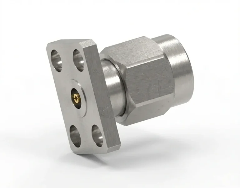 2.92mm Male 4-Hole Flange Mount RF Connector – Field Replaceable, 5.64mm Hole Spacing, 0.51mm Pin Diameter