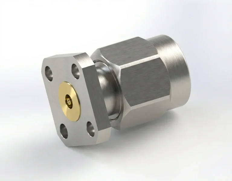 2.92mm Male 4-Hole Flange Mount RF Connector – Field Replaceable, 6.35mm Hole Spacing, 0.38mm Pin Diameter