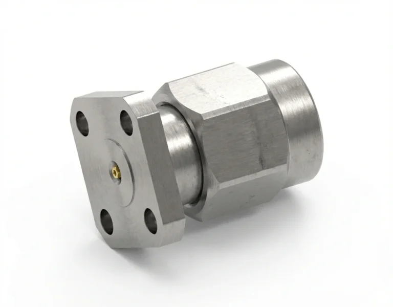 2.92mm Male 4-Hole Flange Mount RF Connector – Field Replaceable, 6.35mm Hole Spacing, 0.3mm Pin Diameter