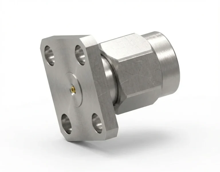 2.92mm Male 4-Hole Flange Mount RF Connector – Field Replaceable, 8.64mm Hole Spacing, 0.23mm Pin Diameter