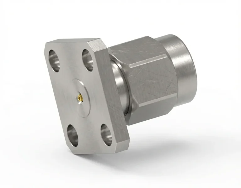2.92mm Male 4-Hole Flange Mount RF Connector – Field Replaceable, 8.64mm Hole Spacing, 0.38mm Pin Diameter