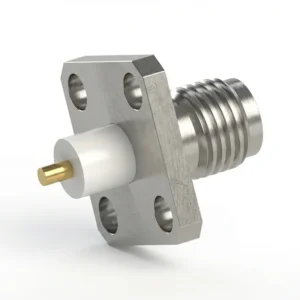 3.5mm Female 4-Hole Flange Mount RF Connector – Solder Attachment, 8.64mm Hole Spacing, 1.27mm Pin Diameter, Stub Terminal