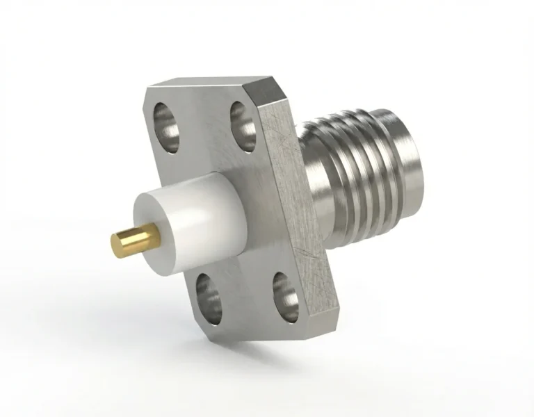 3.5mm Female 4-Hole Flange Mount RF Connector – Solder Attachment, 8.64mm Hole Spacing, 1.27mm Pin Diameter, Stub Terminal