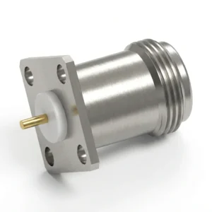 N Female 4-Hole Flange Mount RF Connector – Solder Attachment, 13.5mm Hole Spacing, 1.5mm Pin Diameter, Pin Terminal