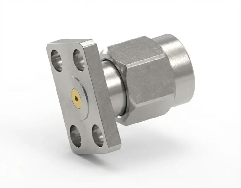 SMA Male 4-Hole Flange Mount RF Connector – Field Replaceable, 5.64mm Hole Spacing, 0.38mm Pin Diameter